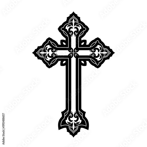 Ornate Black Christian Cross Symbol with Decorative Flourishes.