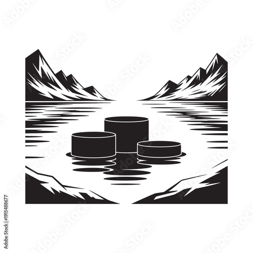 Minimalist landscape with three cylindrical platforms in water