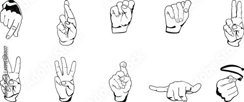 A collection of nine various black and white illustrations of humanoid and animal figures