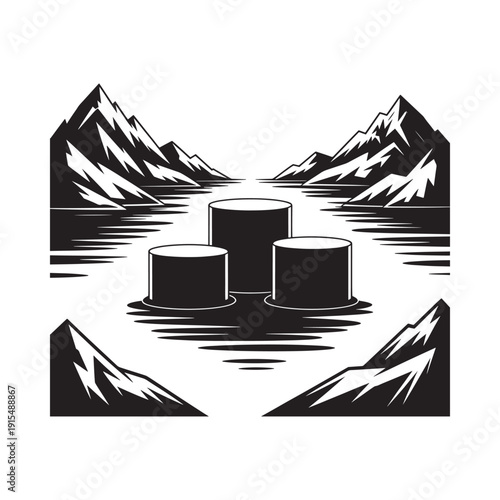 Black and white illustration of pedestals in a mountainous lakeside scene