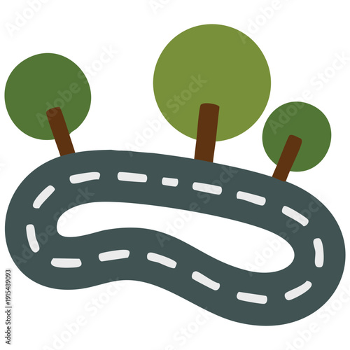 Scenic winding road surrounded by tall trees in forest landscape vector illustration on white background