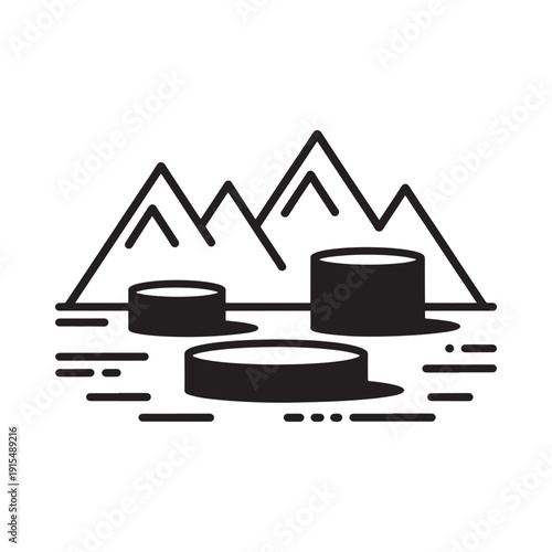 Minimalist landscape illustration featuring mountains platforms and water