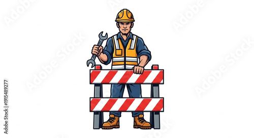 Construction Worker Standing Behind Barrier.