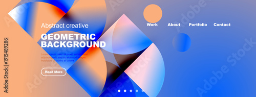 Modern website header design. Abstract shapes, vibrant colors, text elements present. Navigation menu visible, clean layout.