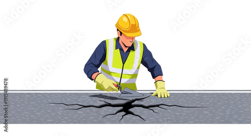 Construction Worker Inspecting Damaged Road Surface.