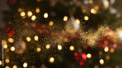 Blurry Christmas Tree with Sparkling Lights and Ornaments.