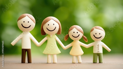 Wooden figurines of happy family holding hands on green background, concept of family, love, unity, parenthood and happy childhood, symbol of support and care