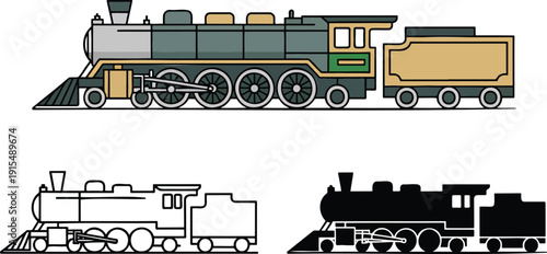 Vintage steam locomotive train silhouette & Outline and illustration set isolated on transparent background