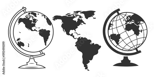 Schilderij op canvas Three globes with different perspectives of the world on a white background Vect