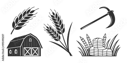 Cuadro en lienzo Illustration of farming tools and crops with a barn in the background Vector