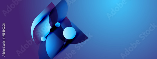 Abstract blue shapes create dynamic composition. Gradient background transitions from purple to light blue. Modern design elements suggest innovation, technology.