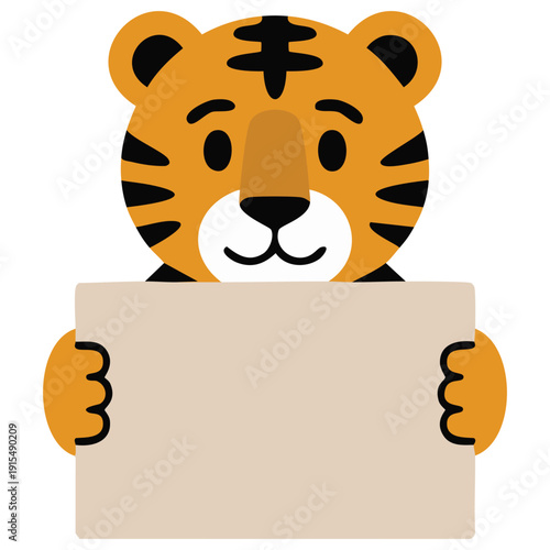 Cute tiger character holding blank board in mouth for customizable messages vector illustration