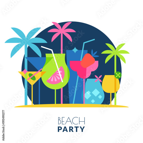 Beach party vector label banner, flyer, poster design element. Night blue background with multicolor cocktails and palms