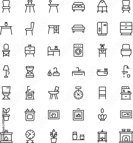 Modern home furniture and interior household line icon collection, minimal living room kitchen bedroom bathroom appliance outline set