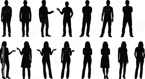 Collection of professional men and women silhouettes standing in various poses including talking gesturing and presenting for business and corporate,