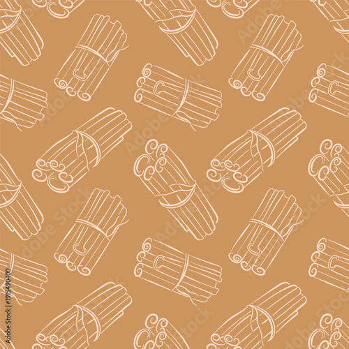 Seamless brown background pattern in line art style with bundle of cinnamon stick.