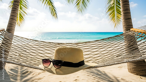 Hat and Sunglasses on a Hammock by the Ocean at Sunset