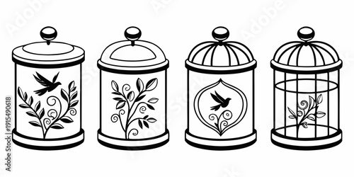 Four vintage-style jars with different floral designs and a butterfly on the lid Vector