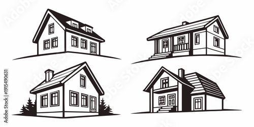 Four distinct house designs showcasing architectural diversity and creativity. Vector