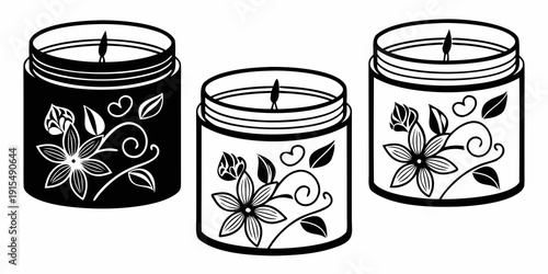 Three intricately decorated jars with lids displayed in a row. Vector