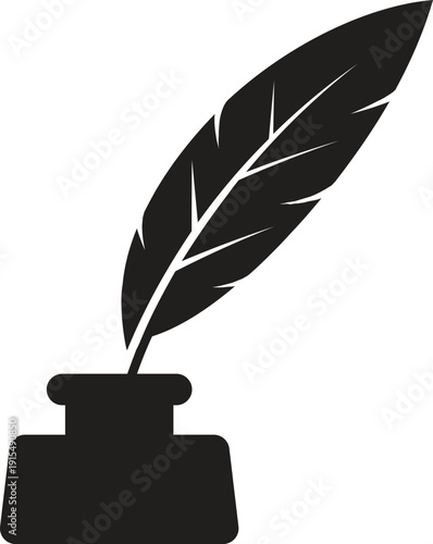 Vintage quill feather pen with inkwell icon vector for writing literature history education and creative art