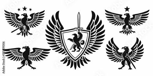 A majestic eagle emblem with wings spread wide and a shield in the center. Vector