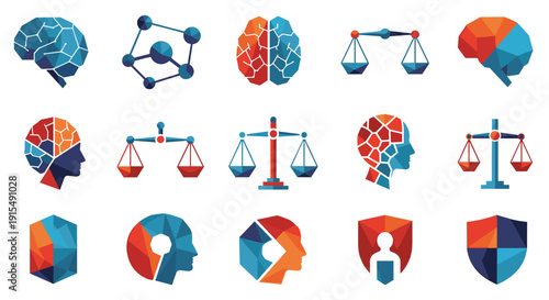A collection of low-poly icons representing concepts of justice, psychology, and intellect, featuring brains, scales, and abstract heads.