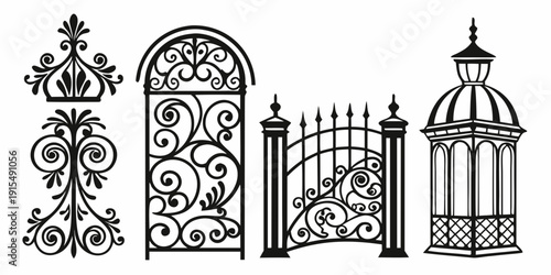 A collection of ornate gates and fences with intricate designs and patterns Vector