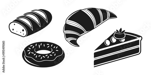 Assorted black and white desserts including cake, cookies, and pastries Vector