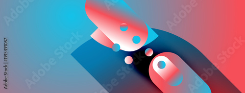 Abstract shapes blend vibrant blues, reds, purples. Gradient colors create dynamic composition. Modern design evokes fluidity, energy.