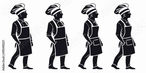Four individuals walking in a line with unique headwear and attire Vector