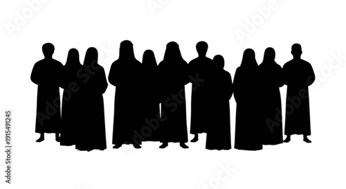 Group of silhouetted figures dressed in traditional attire standing closely together