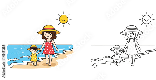 Mother and Child Walking on a Sunny Beach, Enjoying Summer Vacation