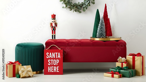 Festive Christmas Setup with Nutcracker, Gifts, and Trees in Cozy Indoor Environment
