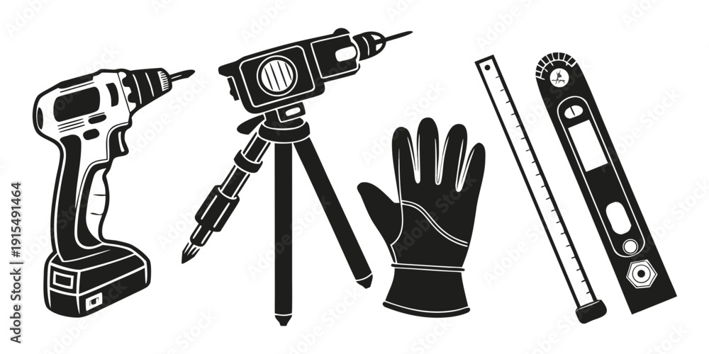 Fototapeta premium Assorted tools and protective gloves displayed in a row Vector