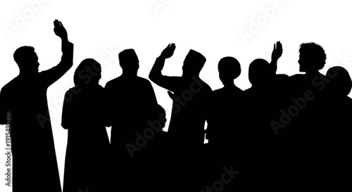 Silhouettes of a diverse group of people raising their hands in celebration or applause.