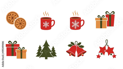 Christmas Icons Set: Gifts, Oranges, Hot Drinks, Trees, Bells, Stars