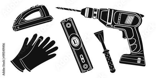 Assorted tools and equipment for various construction and repair tasks Vector