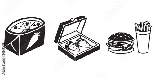 Assorted food items including a cake, a takeaway box, and a burger. Vector