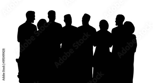 Group of silhouetted individuals standing closely together in unity