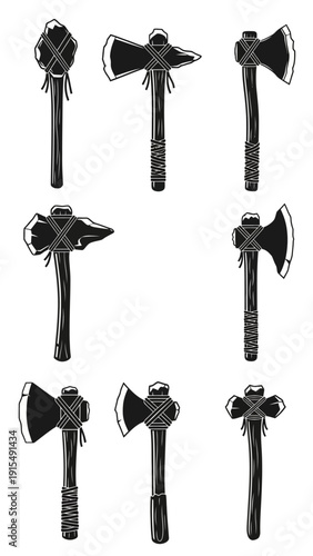 Collection of Ancient Battle Axes and Tomahawks, Tribal Weapons Set