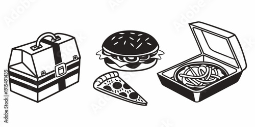 Assorted food items including a burger, pizza, and cake on a table Vector