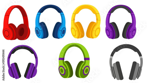 Collection of Colorful Headphones, Music Listening Devices, Audio Equipment