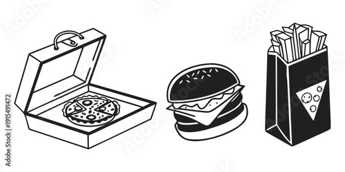 A variety of fast food items including pizza, burger, and fries Vector