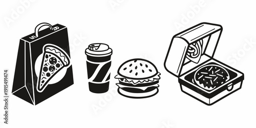 Assorted fast food items including a burger, drink, and fries in a bag Vector