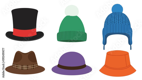 Collection of Six Diverse Hats: Top Hat, Beanie, Winter Hat, Fedora, Cloche, Bucket Hat