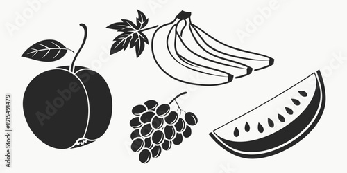 A delightful assortment of fresh fruits including grapes, watermelon, banana, and plum. Vector