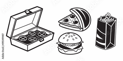 A variety of food items including a pizza, a sandwich, and a burger. Vector