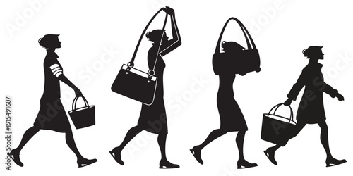 Four stylish women walking down the street with shopping bags and umbrellas Vector