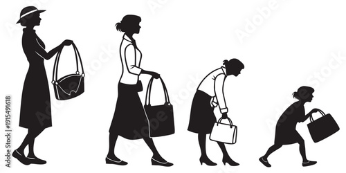 A group of people walking in a line, each carrying a bag or suitcase. Vector